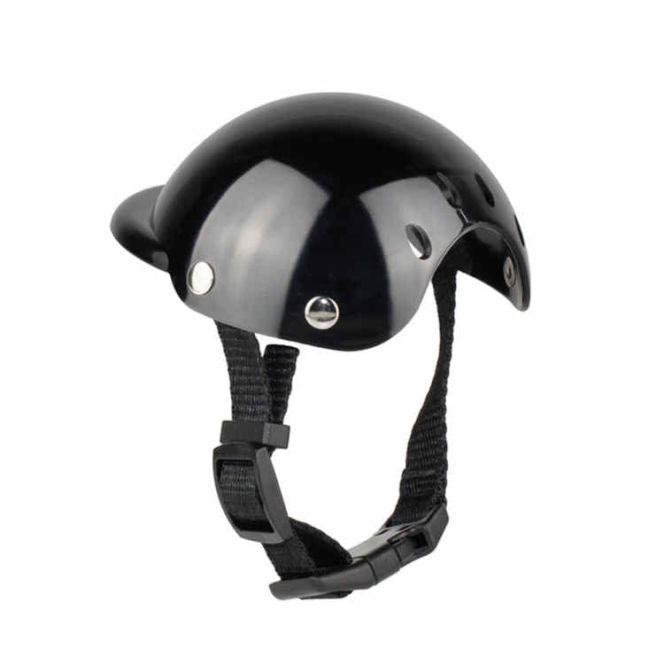 Black pet helmet with chin strap and rounded vented dome, designed for dogs and cats