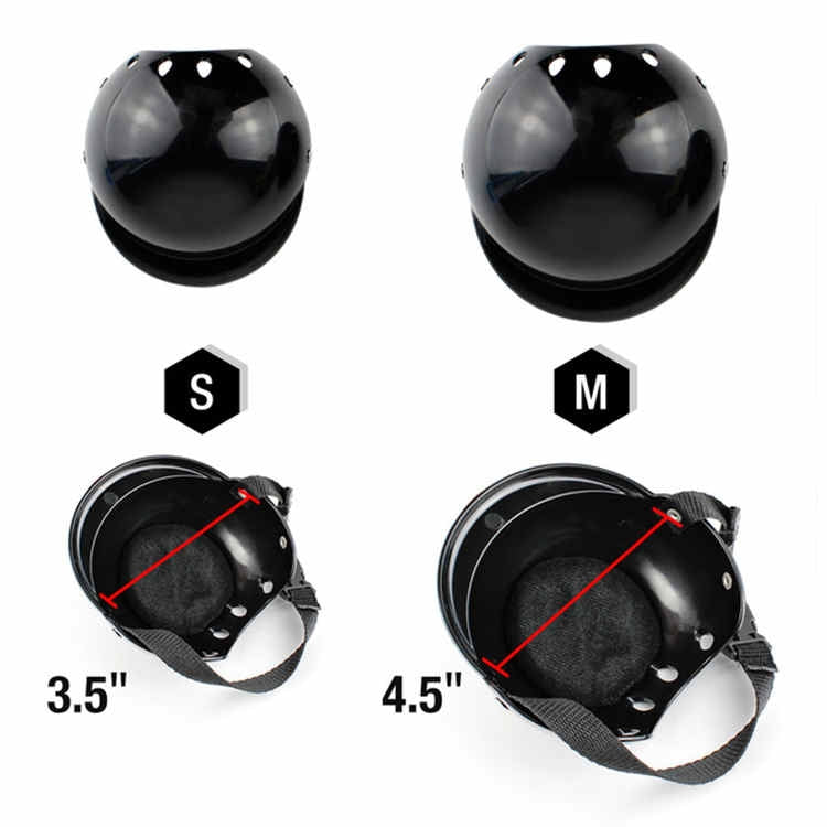 Pet helmet size guide showing S and M with interior head-pad measurements