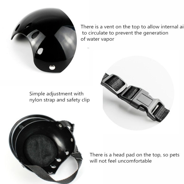 Black pet helmet with top vent, cushioned head pad, and adjustable chin strap