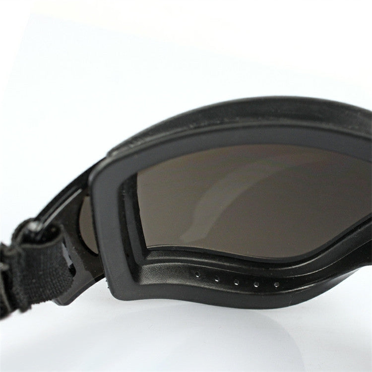 Close-up of black UV goggles lens with tinted glass and side mounting frame.