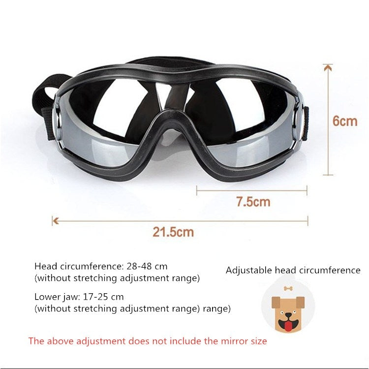 Black pet UV goggles with size diagram showing approximate width and height.