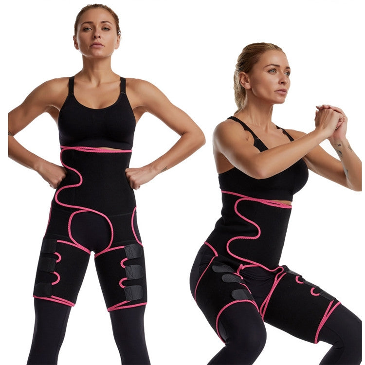 Black exercise hip belt girdle with pink trim, front panel shaping and thigh strap closures