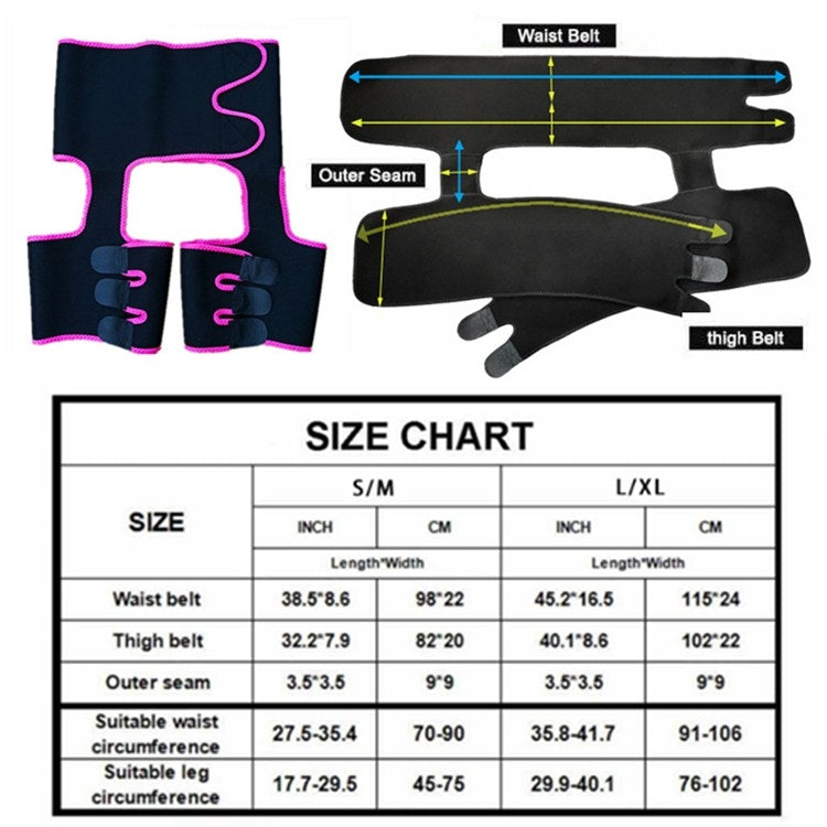 Waist girdle size chart with waist belt and thigh belt layout diagram