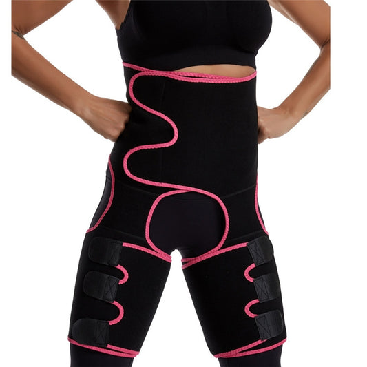 Black waist girdle with pink trim, front hip shaping panels, and adjustable thigh belts