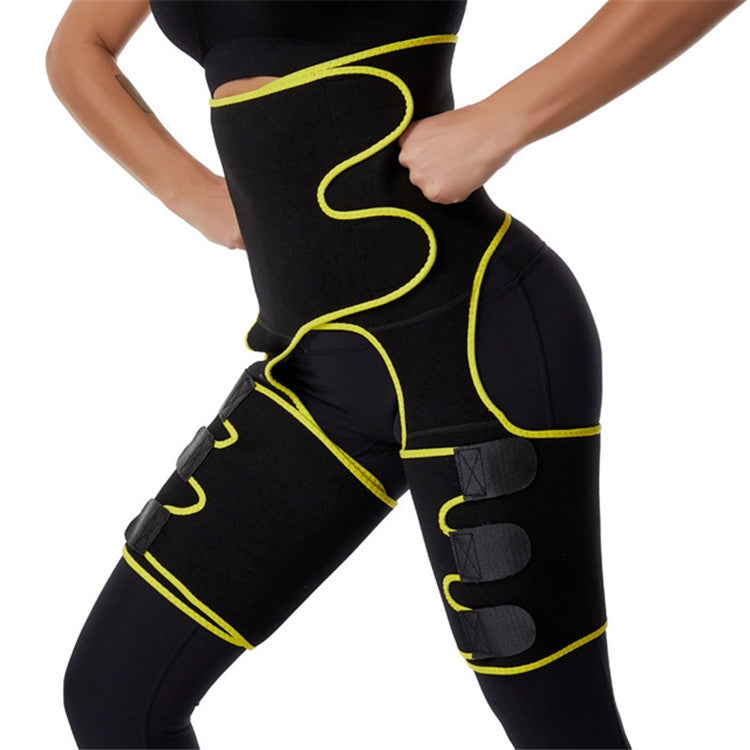 Black one-piece hip belt girdle with neon yellow trim, thigh belt panels and closures