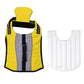 Folded inflatable dog life jacket with yellow outer shell and white inner air panels