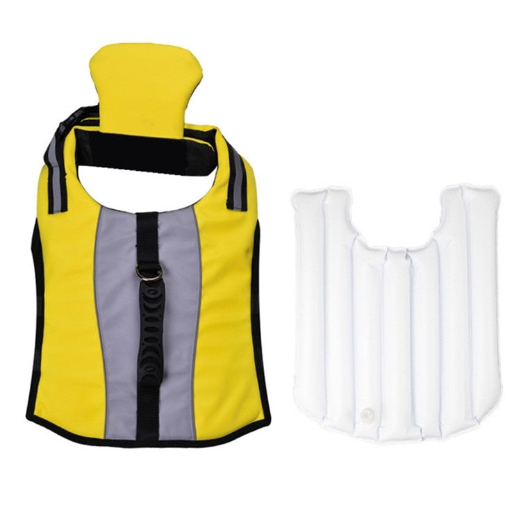 Folded inflatable dog life jacket with yellow outer shell and white inner air panels