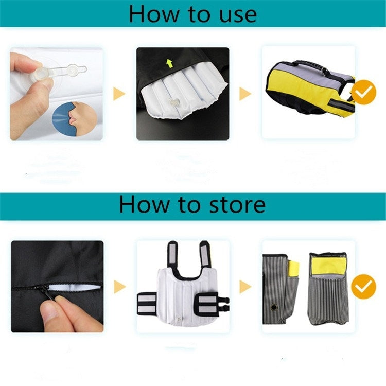 Inflatable dog life jacket folded for storage with straps and buckles