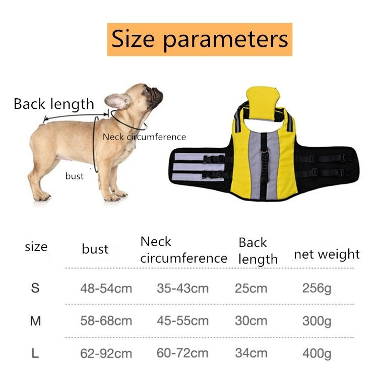 Dog life jacket size chart with yellow vest diagram and bust, neck, and back length