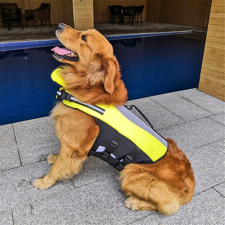 Dog wearing yellow, black, and gray inflatable life jacket with chest straps