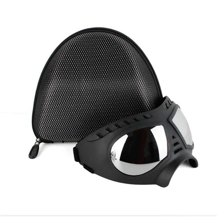 Dark gray dog goggles with mesh panel and clear lens shield with side supports