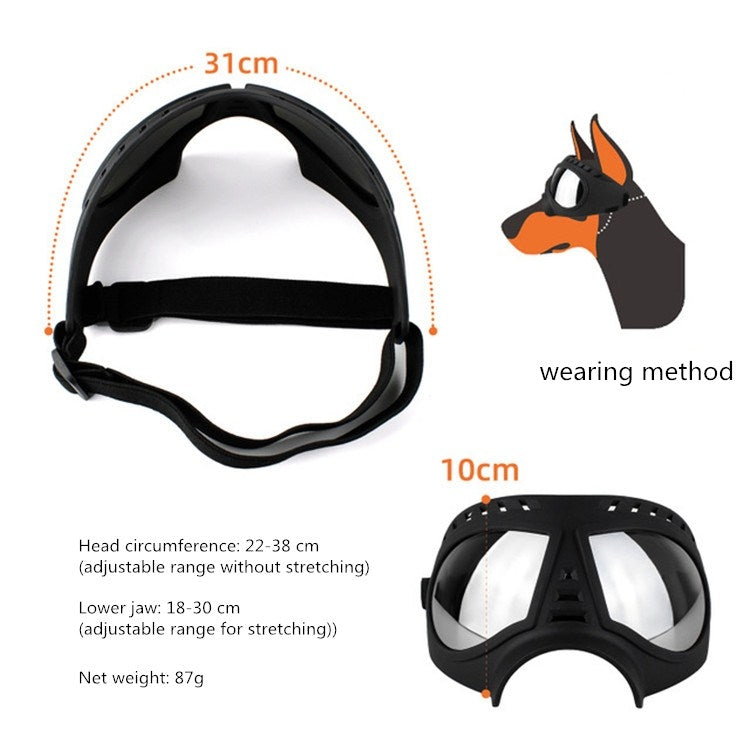 Dog goggles size guide with head circumference, strap fit, and front measurements