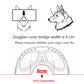 Dog goggles sizing diagram showing nose bridge width and fit instructions