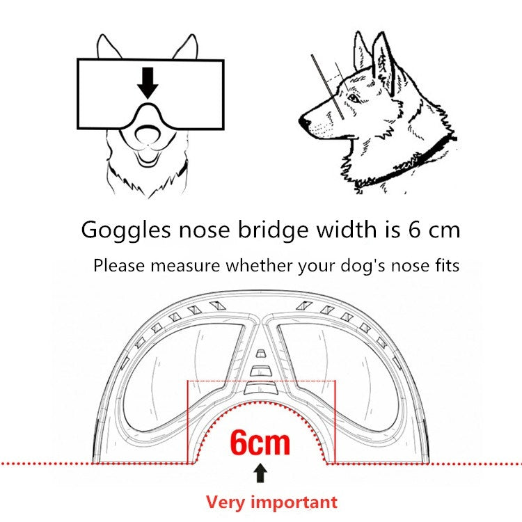 Dog goggles sizing diagram showing nose bridge width and fit instructions