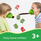 Kids wearing green lizard masks with red tongue prop, with game cards scattered.