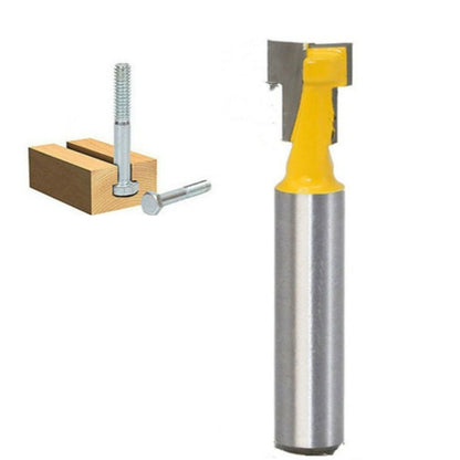 Keyhole wood milling cutter with yellow guide and silver shank, wall-mount style
