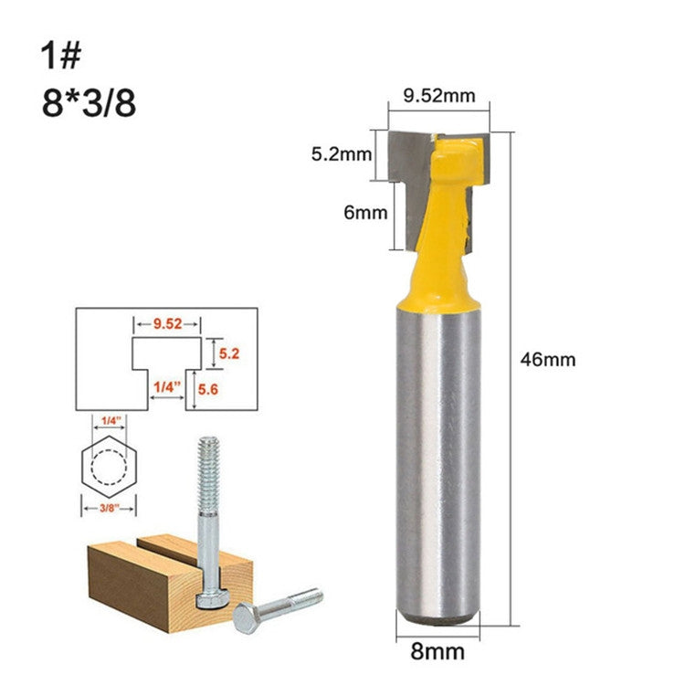 Keyhole cutter size diagram with yellow head, silver 8mm shank and 46mm height