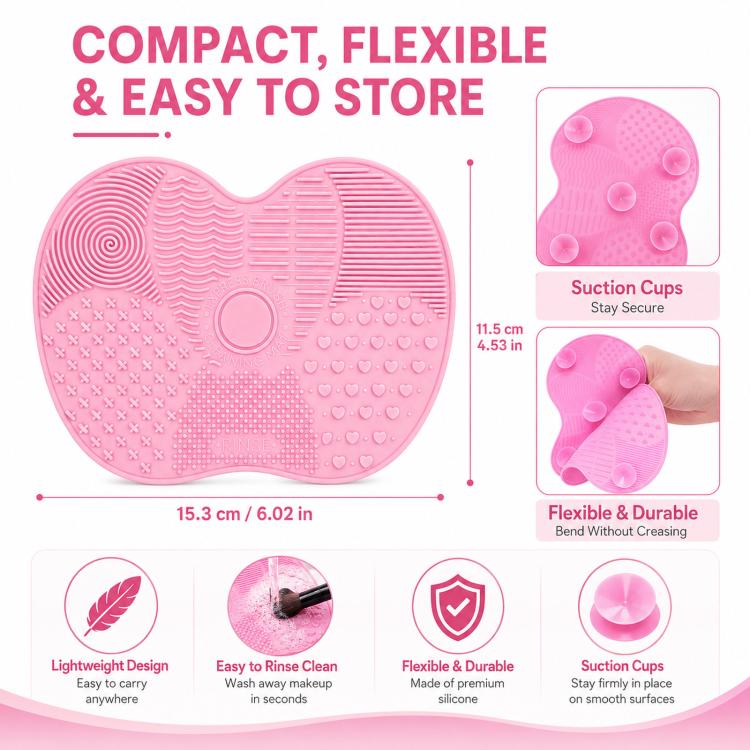 Pink silicone heart brush cleaning mat, compact design with suction cups for storage