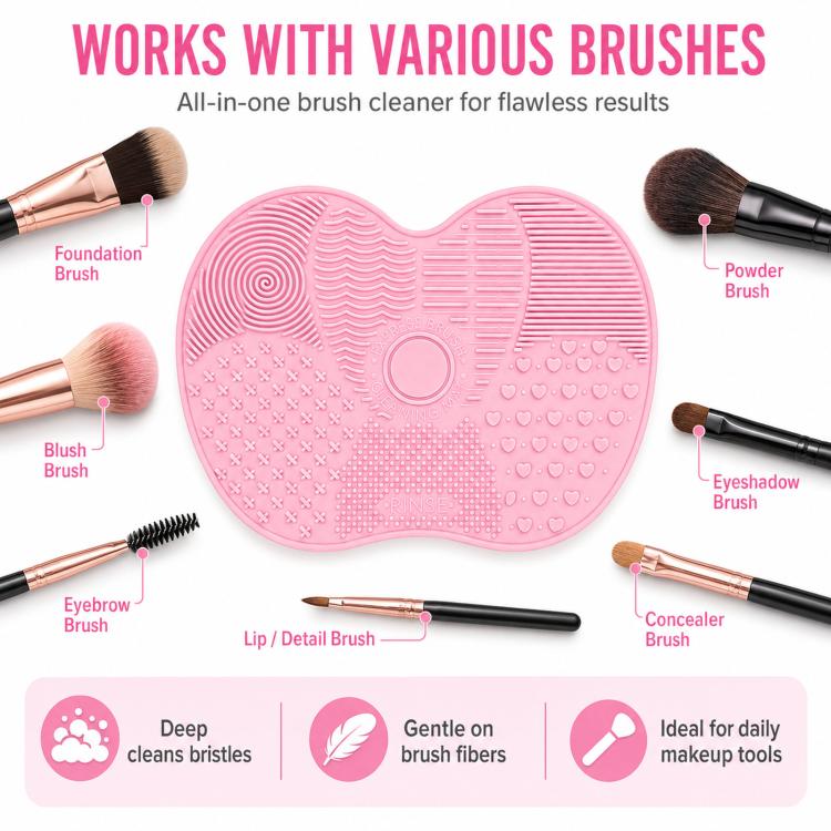Pink silicone heart brush cleaner mat for multiple makeup brush types