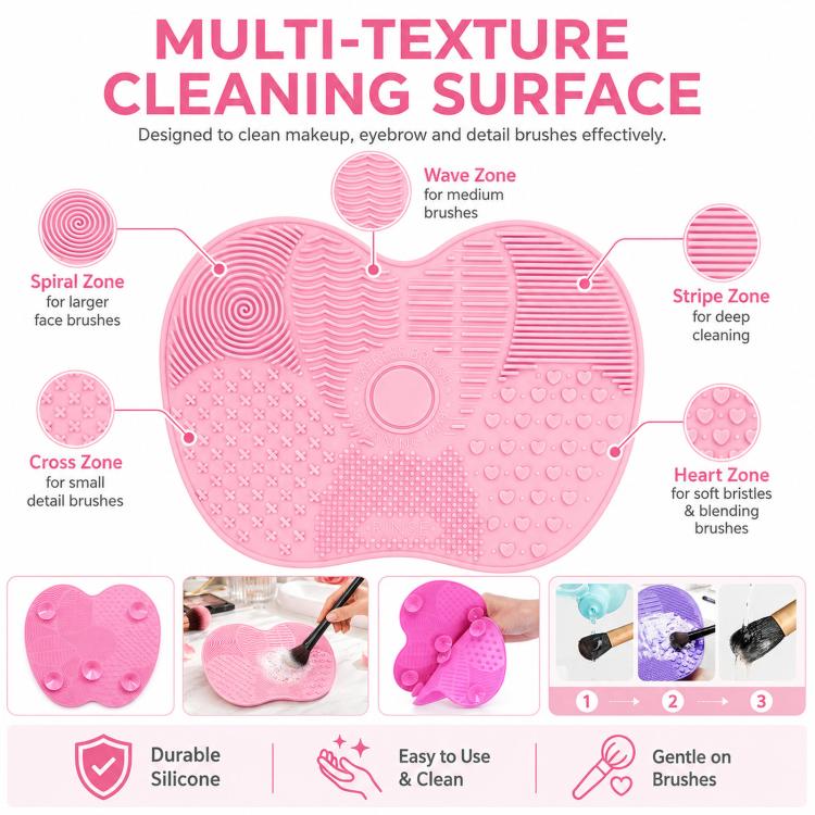 Pink silicone heart brush cleaning mat with multi-texture cleaning zones for bristles