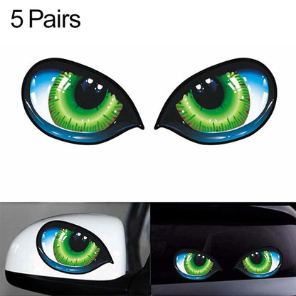 3D reflective cat-eye car sticker decals, neon green eyes, black frames, 2 stickers