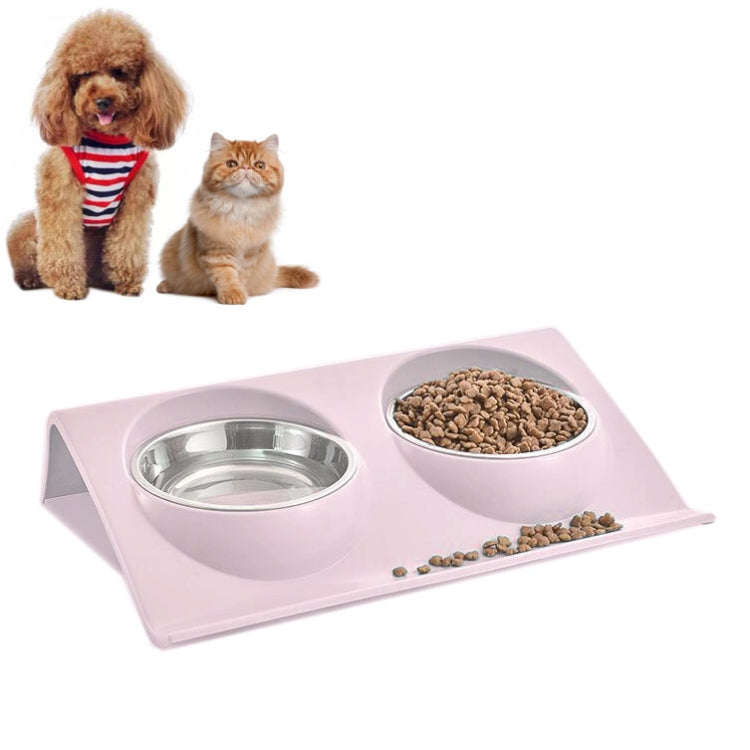 Slope pet food bowl stand with two stainless inserts and pink anti-skid base