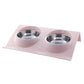 Pink slope pet bowl stand with two stainless steel bowls and raised anti-slip lip