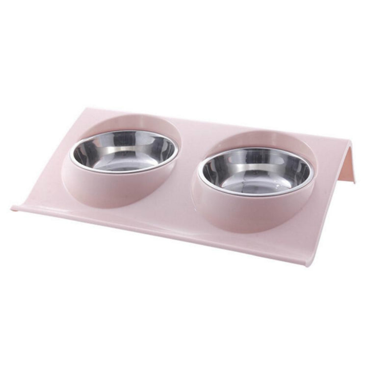 Pink slope pet bowl stand with two stainless steel bowls and raised anti-slip lip