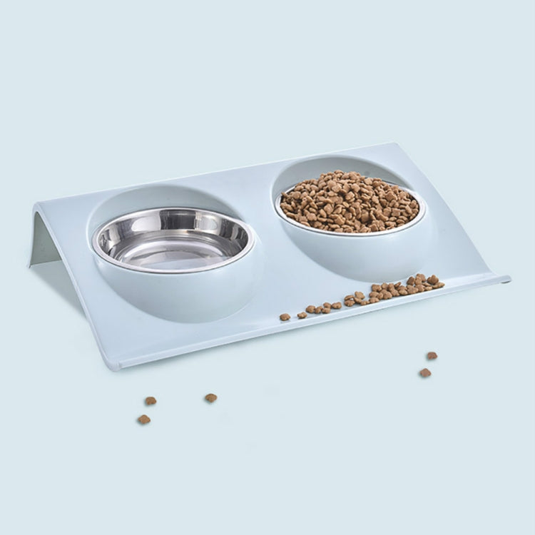 Light blue slope pet food bowl stand with two stainless bowls and low spill edge