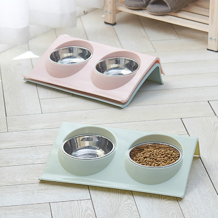 Set of slope pet bowl stands with stainless inserts in pink and mint colors