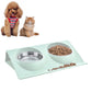 Mint two-compartment pet feeder with stainless steel bowls on sloped base