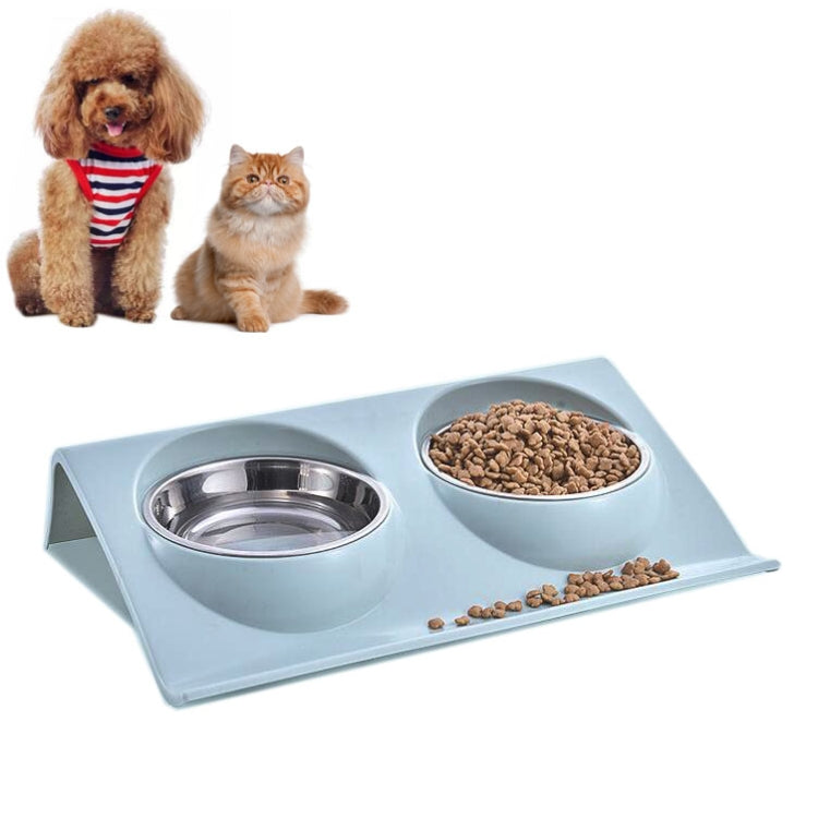 Light blue two-compartment pet feeder with stainless steel bowl on sloped base