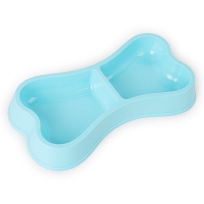 Bone-shaped double dog bowl set in sky blue plastic with two feeding compartments