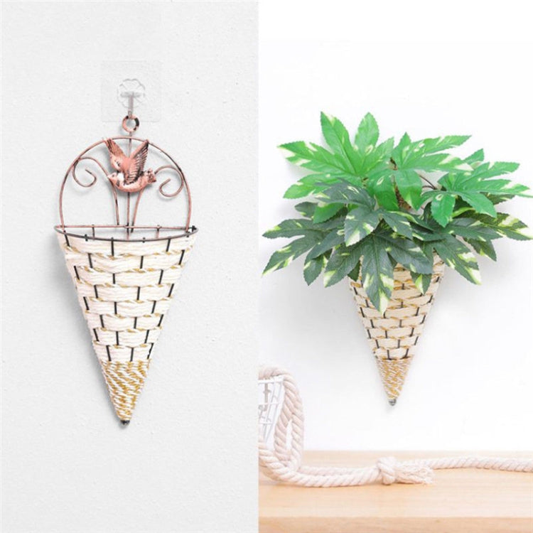 Hanging rattan vase basket with metal bird topper and curved hanger, light woven cone