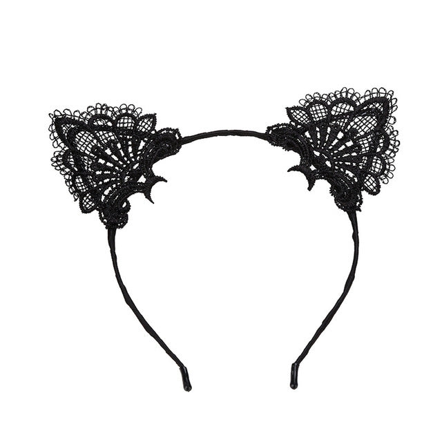 Black lace cat ear headband with curved band and dangling ear charms