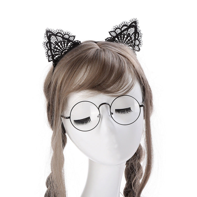 Lace cat ear headband on mannequin, curved band with black ear details