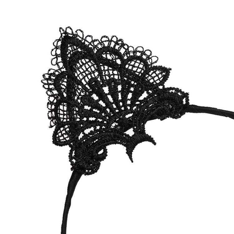 Close-up of black lace cat ear headband, detailed scalloped ear applique
