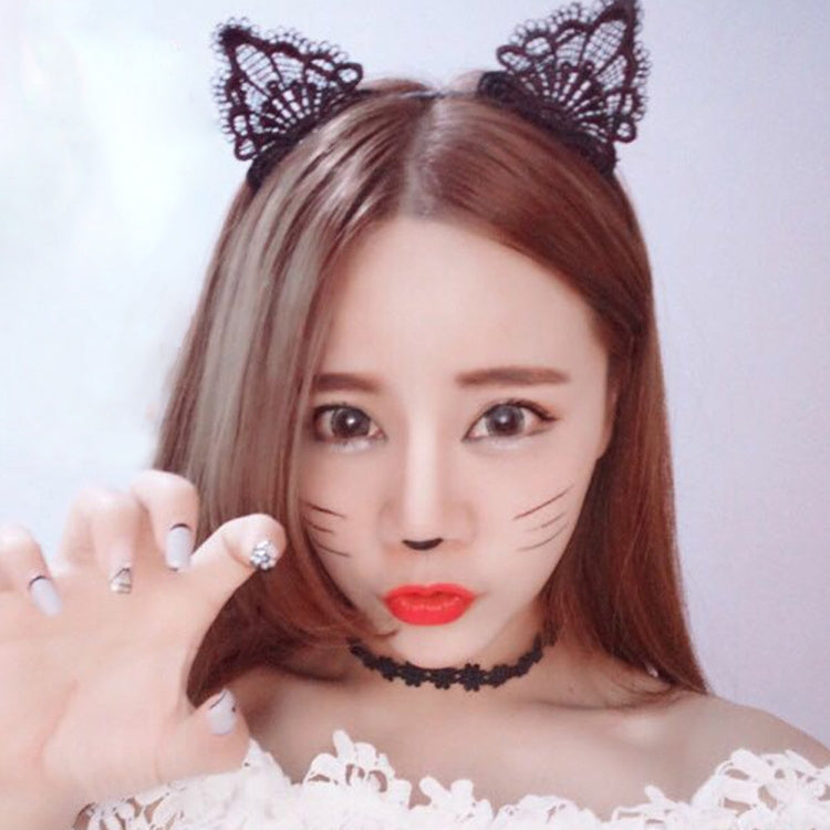 Lace cat ear headband worn with long hair, curved band and ear appliques