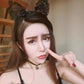 Lace cat ear headband on long hair, curved band with lace ear accents