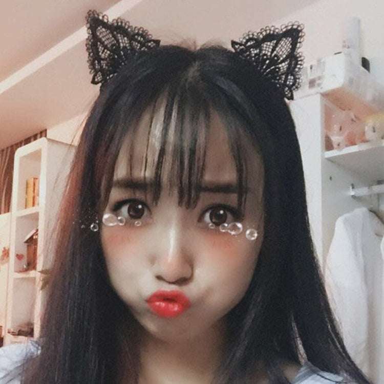 Lace cat ear headband with bangs, curved band and twin ear appliques