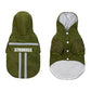 Dark green hooded dog raincoat front and back views with reflective stripe accents