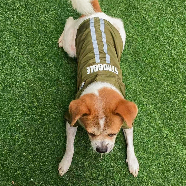 Dark green hooded pet raincoat with reflective chest stripes and elastic leg openings