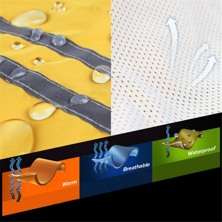 Hooded pet raincoat feature panel showing waterproof, breathable, and warm performance