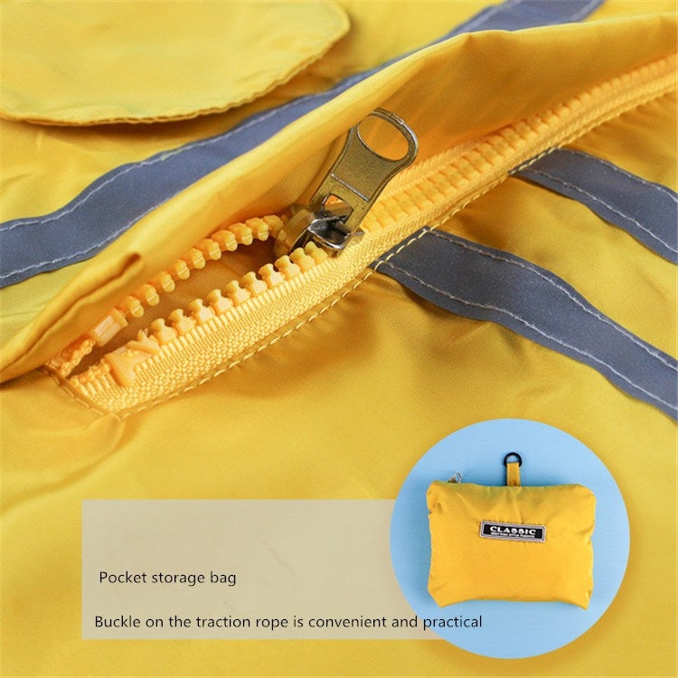 Yellow hooded pet raincoat with full zipper front and pocket storage bag