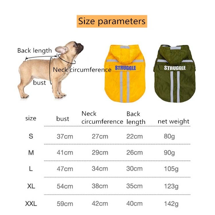 Dog raincoat size chart with neck circumference, bust, back length, and net weight