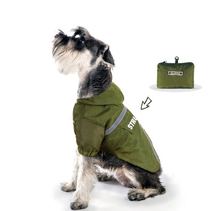 Dark green hooded dog raincoat with reflective stripes and foldable storage bag