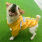 Fluorescent yellow hooded dog raincoat with reflective stripe and light gray trim