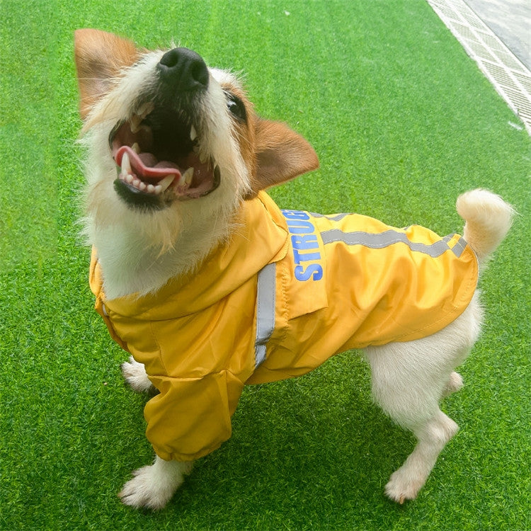 Fluorescent yellow hooded dog raincoat with reflective stripe and light gray trim