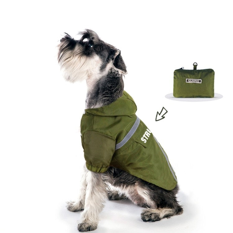 Dark green hooded dog raincoat with reflective stripe; compact pouch accessory pictured