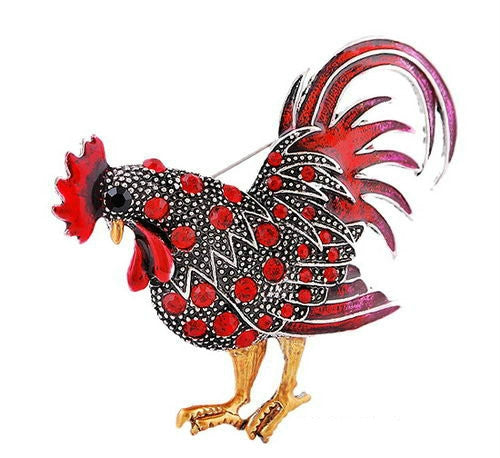 Red rooster enamel brooch with jeweled dotted body and arched tail feathers
